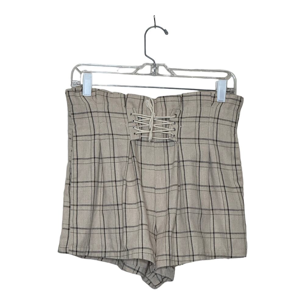 Shein beige plaid paperbag lace up detail shorts size M